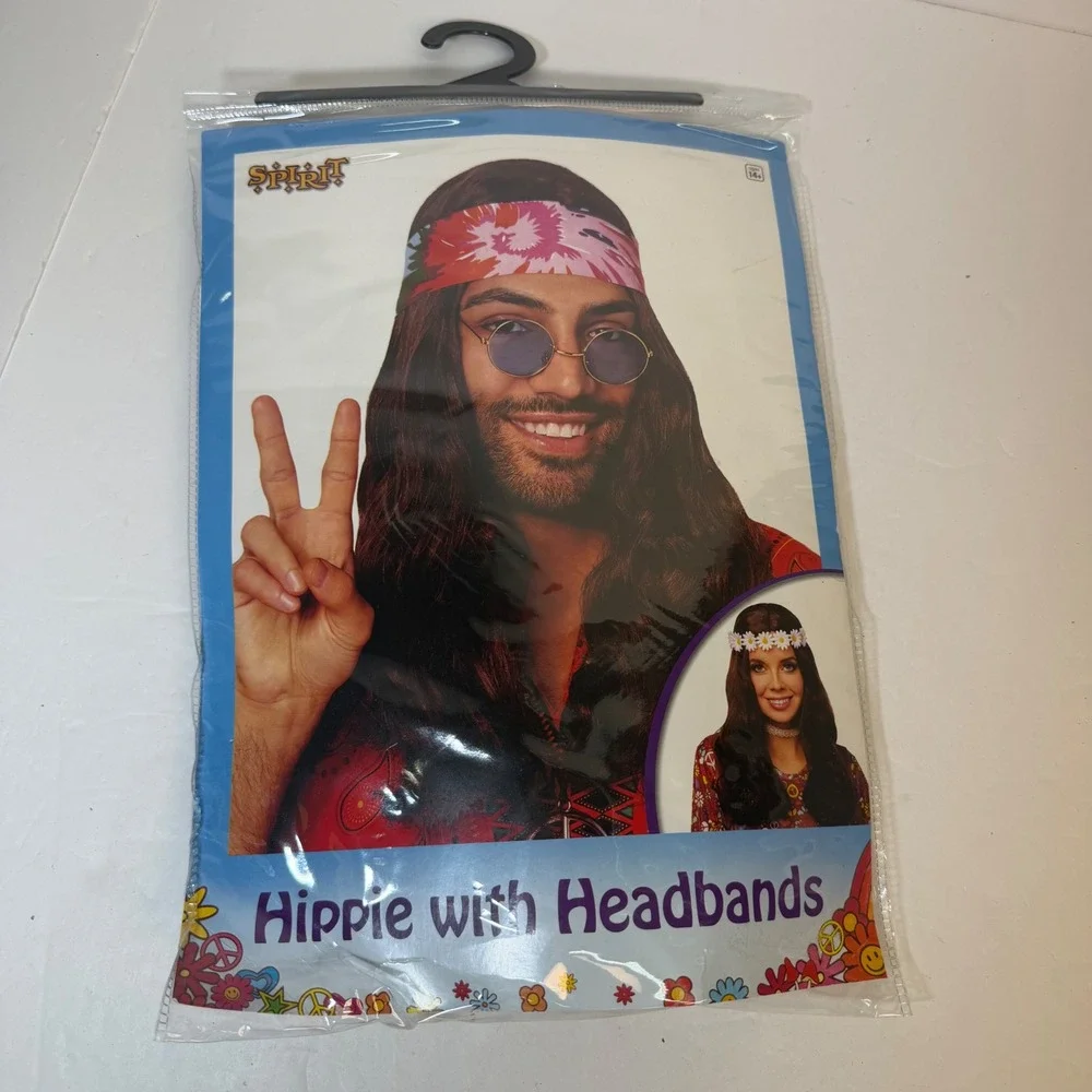 Spirit Halloween Hippie Wig with Headbands Brown Long Hair 60s 70s Costume Set